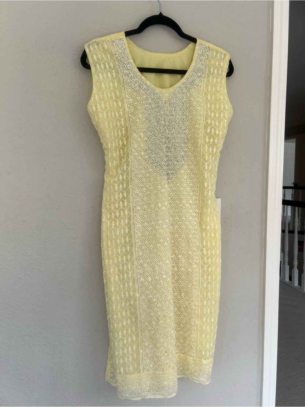 New Light yellow stone work Embroidered 3 piece kurti shalwar and dupatta set